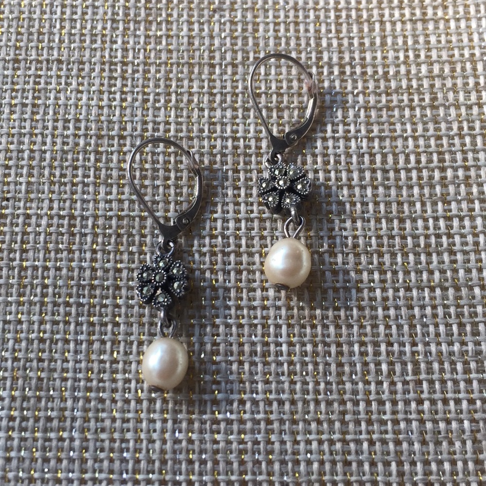 Dainty Pearl and marcasite dangle earrings